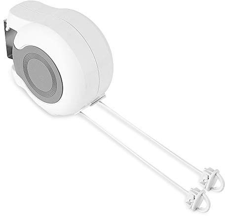 Wäscheleine ausziehbar mit automatischem Rollsystem und Aufrollautomatik für den Balkon oder Garten, Hotel Wäscheleine, Jumbo-Wandtrockner mit 2 ausziehbaren Wäscheleinen 2 x drinnen und draußen