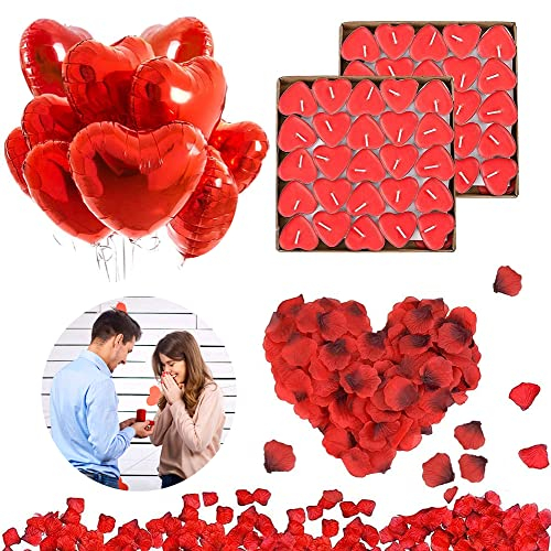 RANJIMA Kit de Decoración San Valentín,Conjunto de Decoración Romántica,Decoración de Citas de Pareja,Rosa Rojo Velas en Forma de Corazón Foil Globos Corazón Rojo para Bodas/Aniversarios/Compromiso