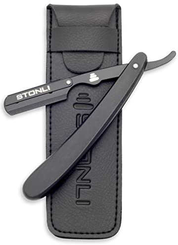 STONLI® Cut Throat Razors - Straight Razor with Matte Black Finish Professional Barber Razor - Premium Quality Single Blade Shaving Razor for Moustache and Beard - Pouch Included (Black Wooden)