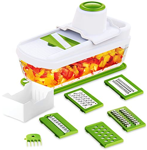 TAVIALO Mandolina per Verdure Professionale con Contenitore di Vetro - 6 Lame Affetta Verdure Manuale e Grattugia per Legumi Patate Frutta