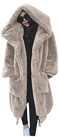 L9WEI Long Oversized Faux Fur Coat With Hood - Elegant Plain Jacket, Warm Plush Loose Winter Coat, Beige, L