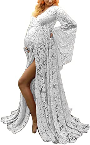 YAOTT Graviditetsklänning maxi mammaklänningar elegant mammamode V-ringad moderskap spetsklänning blomma spets gravid fotografering kostymer