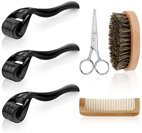 URAQT Kit de Crecimiento de Barba, 6pcs Kit Barba Cuidado para Hombres con 0.5/1/1.5mm Dermaroller Microagujas y Peine, Tijeras, Cepillo para Barba de Estimular Crecimiento de Barba y Vello
