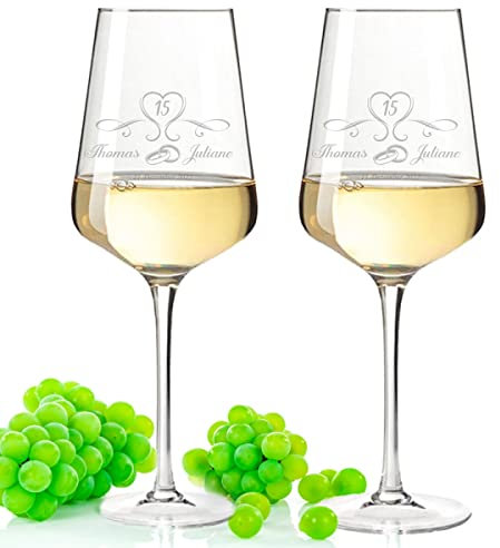 Leonardo Bicchieri da vino con incisione – Design matrimonio di cristallo – personalizzato con nome e data – come regalo per matrimonio di cristallo, 15 anni – regalo per anniversario – colore Puccini
