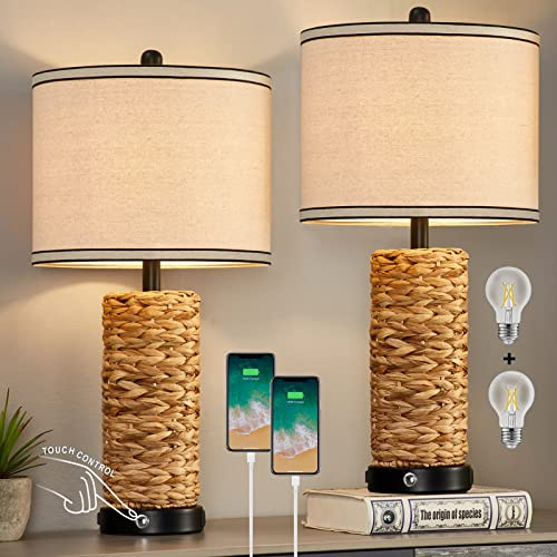 GyroVu Rattan Table Lamp Set of 2, Wicker Lamps, 3 Way Dimmable Touch Seagrass Table lamp with 2 USB Ports and 1 AC Outlet for Bedroom Nightstand Table, Livingroom End Table, Bulbs Include