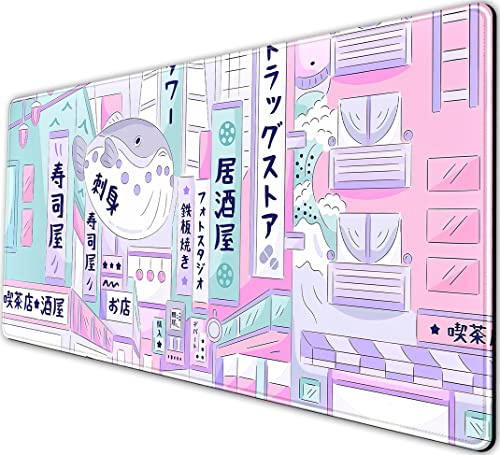 Pastel Tokyo Street Cute Desk Mat Kawaii Anime Japanese Mousepad Large Gaming Mouse Pad Beige Desktop Mat Laptop Keyboard Mouse Mat Desk Pad City Aesthetics Desk Mats for Women Girl 31.5x15.75 in