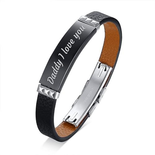 BCughia Personalisierte Armband Männer, Bracelet for Men Leder Erkennungsmarke mit Gravur Daddy I Love You Armbänder Geburtstag Geschenk 23x1cm