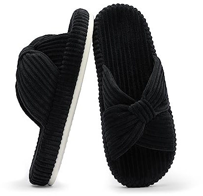Chantomoo Slippers for Women Memory Foam House Bedroom Corduroy Cross Strap Slide Slippers Shoes Comfortable Trendy Gift Slippers,Svart 38/39 EU