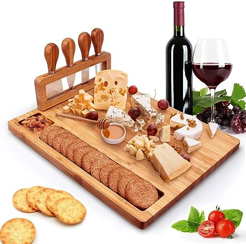 Plateau à Fromage en Bambou, Planche à Charcuterie et Plateau à Viande, Plateau de Service en Bois avec 4 Couteaux à Fromage, Cadeaux Uniques pour Noël, Mariage, Anniversaire