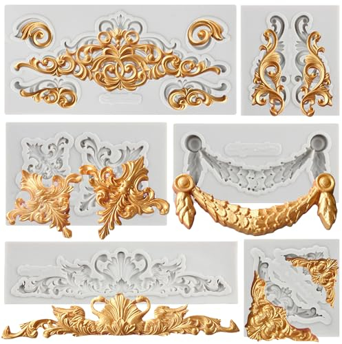 MYPRACS Lot de 6 moules à fondant en silicone de style européen baroque pour décoration de gâteau, pâte à sucre, cupcake, bonbon, chocolat, argile polymère