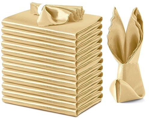 VACVELT Confezione da 12 tovaglioli in raso dorato, 50 x 50 cm, eleganti tovaglioli da tavola smerlati eleganti, tovaglioli quadrati in raso setoso, per ristorante, banchetti, feste di laurea
