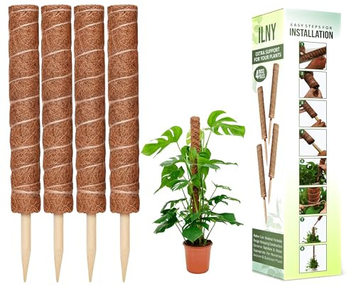 ILNY Moss Pole Pack of 4 – 50CM Monstera Plant Support | Natural Coco Coir Plant Poles for Indoor Plants | Extendable Moss Sticks for Climbing Plants, Pothos & Philodendron
