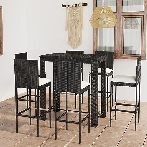 Gecheer Gartenbar Set 7-TLG. mit Kissen Theke Bar Tresen Gartentheke Bartisch Stehtisch Barstuhl Barhocker Gartenmöbel Poly Rattan Schwarz