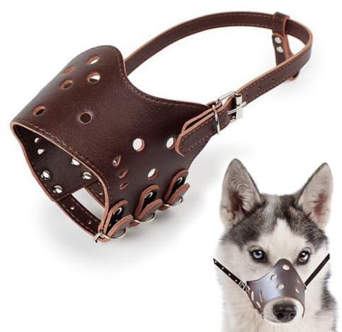 VJUYSW Kunstleder-Maulkorb Für Hunde, Verstellbare Schlaufe, Atmungsaktiv, Sicherer, Schneller Sitz Für Kleine, Mittelgroße Hunde, Verhindert Das Beißen, Kauen Und Bellen (M)