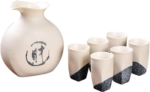 Juego de Sake japonés de 7 Piezas, Juego de Tazas de Sake, Tazas de cerámica de Porcelana Tradicional, Manualidades, 6 Tazas y 1 Recipiente para Sake (C)