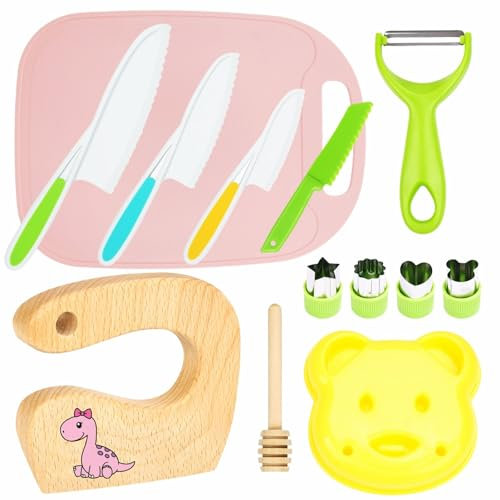 LETTO & TAILOR Coltello per bambini 13 pezzi Coltello da chef di sicurezza per bambini Set di coltelli da cucina con tagliaverdure - Natale perfetto (dinosauro rosa)