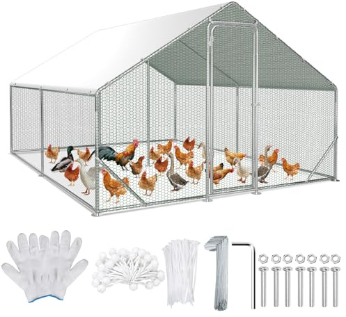 Ollewiellan hönshus utomhuskapsling 3 x 4 x 2 m kycklinginhägnad förzinkat stål, hönshus med dörr och stång, fjäderfähus för höns, kaningäss, duvor och vaktlar, metallinhägnad med nät