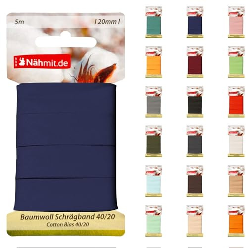 Nähmit 5m Karte Baumwoll Schrägband, 100% Baumwolle 20mm Breit - 40/20 vorgebügeltes Schrägband (A16-Dunkelblau, 5m Karte)