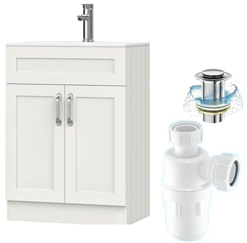 BELOFAY 600mm Under Sink Bathroom Cabinet Floor Standing Storage Cupboard Basin vanity Unit, Laquered Cloakroom vanity unit with basin, Trap and Waste, Tap not Included (Crawley White)