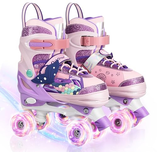 Rollschuhe für Kinder mit leuchtenden Rädern und 4 Größen einstellbar Quad Roller Skates für Mädchen und alle Anfänge(Pink, L)