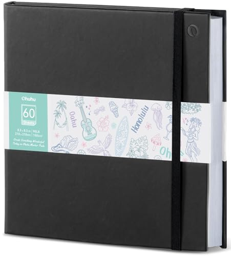 Ohuhu Double-Sided Bleedproof Sketchbook, 120 Pages(60 Sheets) of 150GSM Smooth Thick Drawing Paper, PU Hardcover Square Art Book for Alcohol Markers & Watercolour - Square 8.3x8.3 in(21x21cm)