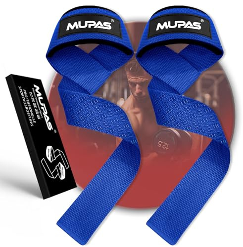 MUPAS Straps Palestra - Cinghie Potenti Sollevamento Pesi Fascette Palestra - Fasce Resistenti per Stacchi, Gym & Lifting，5MM Imbottita Supporto Polsa, Uomo Donna (Blu)