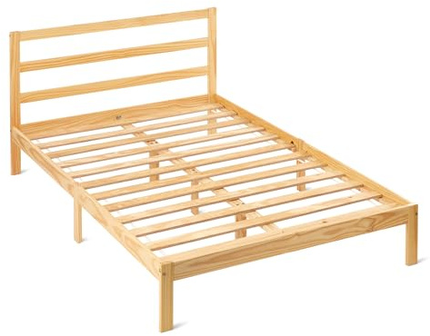 Amazon Basics Estructura Cama de Madera con Cabecero, Madera Maciza de Pino, Incluye Somier, 140 x 200 cm, Pino