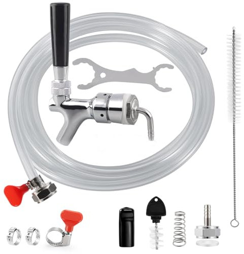 Beer Line Faucet Shank Kit Kegerator Parts for Beer Tower，Kegerator Replacement Kit with Self-Closing Spring Beer Tap 5 Ft 3/16 Beer Tubing 1/4”Keg Coupler Barb Cleaning Brush Tap Cover
