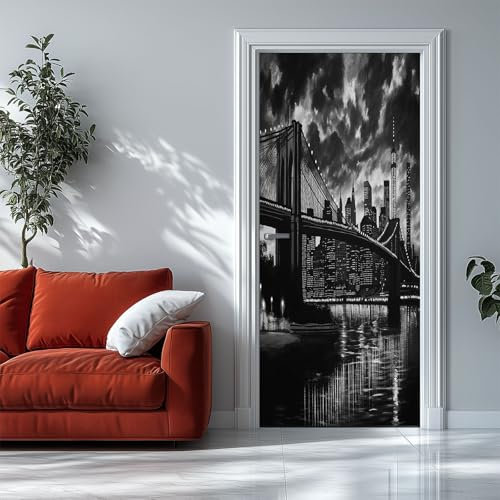 Adesivi per Porte 3D Scena Notturna Della Città Ponte Di Brooklyn 88x200cm Autoadesivo Carta Parati Porta Fotomurali Rimovibile Adesivo Porta, Soggiorno Cucina Cameretta Bagno Decorazione