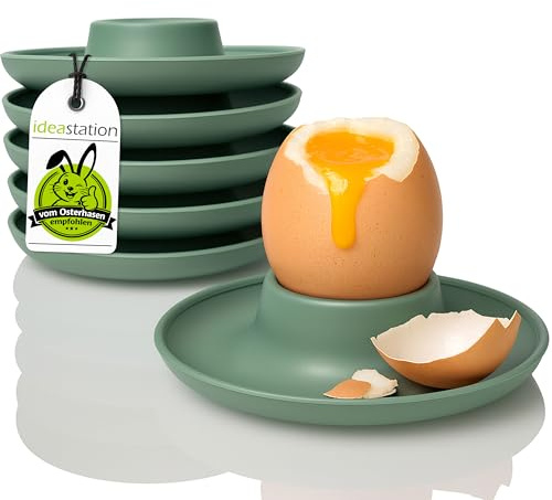 idea-station NEO Eierbecher Set aus Plastik 6 Stück - grün-grau matt - bruchsichere Camping Eierhalter aus Kunststoff - mit praktischer Ablage und Überlaufschutz