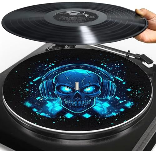 Buxolandt 12 Anti-Static Turntable Mat - Silicone Slipmat for Vinyl Records - Universal Fit Anti-Vibration Platter Mat with Dust Reduction Technology Skull Cool Headphones Print
