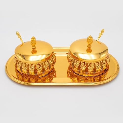 Saharashop 2er-Set Glas-Tischdeko, Frühstückstisch Zuckerdosen mit Deckel und Löffel, Snackschale – GOLD und SILBER HM6498-7 (Gold)