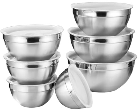 Baoblaze Stainless Steel Mixing Bowls with Lids Set Nesting Mixing Bowl Practical Metal Sturdy Multipurpose Salad Bowls Popcorn Dining, 7Pcs