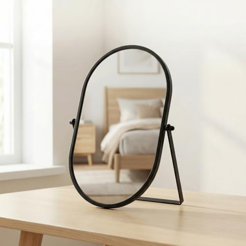 Vninkul Miroir Table Ovale, 31x22.5cm Miroir de Maquillage sur Pied, Grand Miroir de Bureau Pivotant avec Cadre en Métal pour Coiffeuse, Salle de Bain, Chambre, Bureau (Noir)
