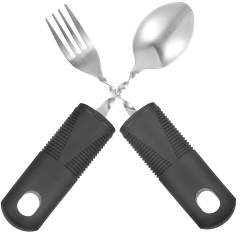 Juego de Cubiertos Adaptables de Acero Inoxidable Cuchara y Tenedor | 1 Set, Mango Antideslizante y Fácil de Agarrar, para Personas Mayores y Discapacitadas, Uso Diario