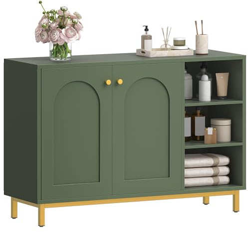 Hzuaneri Badezimmerschrank, Sideboard mit 2 Türen, Verstellbare Ablage | Beistellschrank mit 3 offenem Fach, Badschrank, für Badezimmer, Wohnzimmer, Küche, 35 x 100 x 75 cm, Waldgrün SC10225G