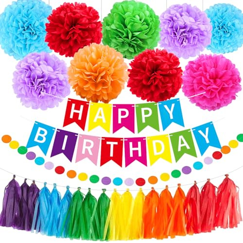 29 Pezzi Colore Decorazioni Pompon, Decorazioni Compleanno, Pompon Carta, Forniture per Feste, Striscione Paillettes, Ghirlanda Nappe Carta, Happy Birthday Bandiera, Feste Compleanno, Natale