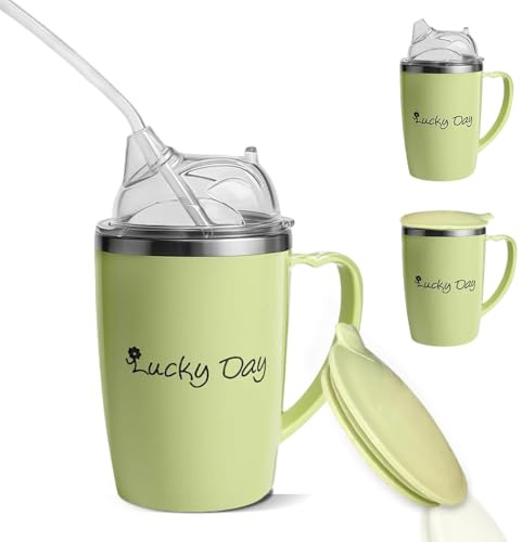 KBIBCK Adult Sippy Cups for The Elderly Non Spill, 3 in 1 Sippy Cup for Adults, 350ml Beakers for Elderly with Lid and 30cm Straw, with Handle,Stainless Steel Dysphagia Cups with Handle for Patient