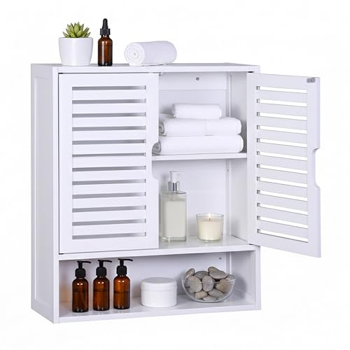 Relaxdays Hängeschrank Bad, 3 Fächer, HBT: 66 x 59 x 21 cm, Lamellentüren, Magnetverschluss, schmaler Wandschrank, weiß