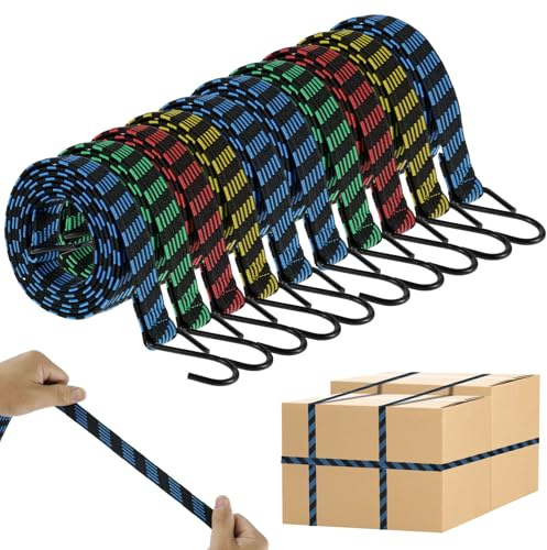 JUNFEIFLUX 10er Set Spanngummi mit Haken Bunt 200cm Flach, Expander Gepäckspanner Gummispanner Breit, Elastische Spanngurte für Fahrrad Motorrad Auto und Camping