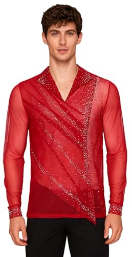 winying Men's Sparkly Figure Skating Shirts Long Sleeve Mesh Tops for Ballet Gymnastics Performance Red Small