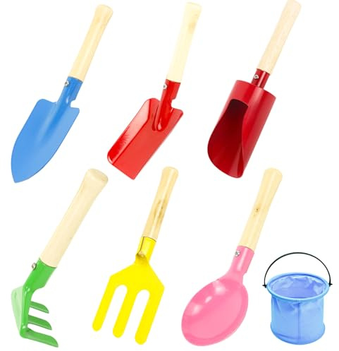 7PCS Gardening Tools Set, Beach Tool Set with Metal Cylinder Spoon Rake Shovel Spade Fork with Wooden Handle for Garden Soil Transplanting Summer Beach Sandbox Digging