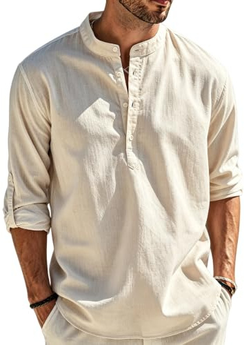 Cegerne Camicia Lino Uomo Maniche Lunghe Estiva Leggera Traspirante Henley Casual Maglietta Casacca Vacanze Spiaggia
