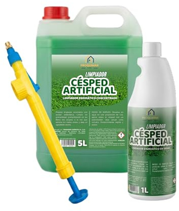 Limpiador Césped Artificial Pack Completo 5L + Botella Dosificadora + Pistola a Presión | Limpiador Enzimático Concentrado | Elimina Olores y Suciedad (5 Litros + Pistola + Botella)