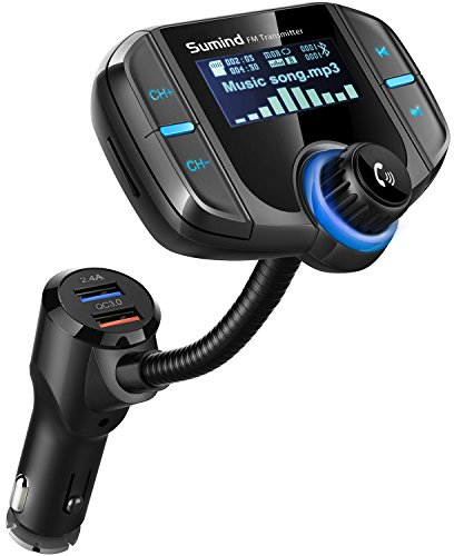 Sumind (Upgraded Version) Car Bluetooth FM Transmitter, Wireless Radio Adapter Hands-free Kit with 1.7 Inch Display, QC3.0 and Smart 2.4A USB Ports, AUX Output, TF Card Mp3 Player(Black)