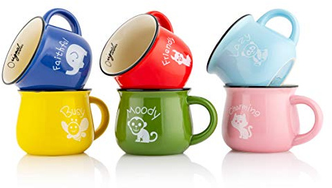 Mary's KITCHEN TOOLS 6er Tassenset | 350ml | Handgemachte | Keramiktassen | mit Tiermotiven | Familientassen & Kindertassen | für Kaffee & Tee | Bunt Retro Design (Mit Motiv)