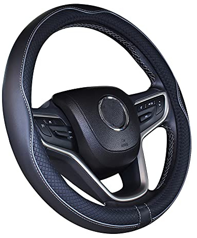 Istn Mikrofaser Leder Auto Lenkradbezug 38cm für die meisten Autos (schwarz grau)