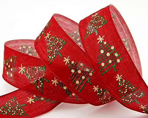 20 m x 40 mm Dekoband Feliz Rot Grün Gold Winter Weihnachtsbaum Geschenkband rotes Band Weihnachten Natur Tannenbaum Stoffband Schleifenband Weihnachtsband