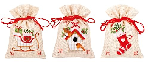 Vervaco Zählmusterpackung Stickset Säckchen Weihnachtlich 3er DIY Gezählter Kreuzstich Stickpackungen Basteln Erwachsene Kreativ Set 8 x 12 cm Stickset für Anfänger Stoffbeutel zum Sticken