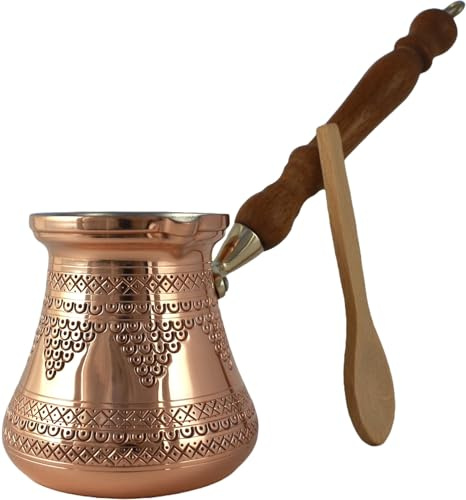 DEDE Copper,PCZ-Serie (groß-14 fl.oz) – dickstes massives Kupfer graviert/gehämmerte türkisch-griechische arabische Kaffeekanne mit Holzgriff, Kaffeemaschine Cezve, Jezve, Ibrik, Briki (glänzend)